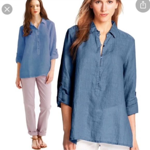 Eileen Fisher 100% irish linen peach half button long sleeve swing style shirt - Picture 3 of 13